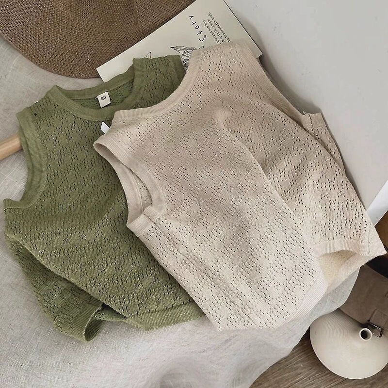 Northern Wolf Brand's Cool and Soft Texture~Cream-Colored Summer New Style Children's Sweater for Boys and Girls, Stylish Hollow-Out Knitwear