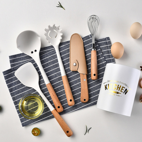 Milky white mini silicone kitchen utensils 6 pieces storage bucket small non-stick cooking spatula spoon egg beater kitchen utensils