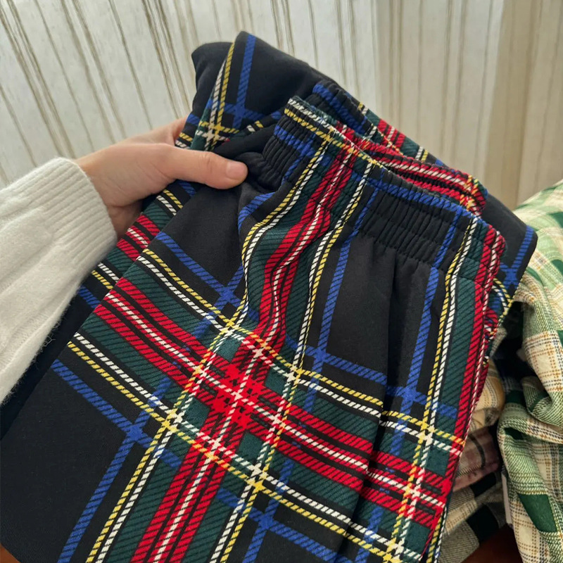 Pantalones a cuadros rosa de Cachemira Pantalones anchos pantalones de mujer de otoño e invierno forrados de lana gruesa cintura alta adelgazamiento drapeado pantalones Casuales image 26