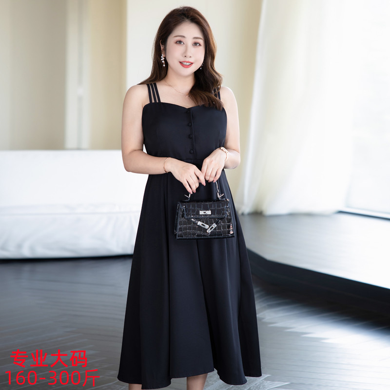 Plus Size Women's Summer New Retro Off-Shoulder Waist Slim Fit Hepburn Little Black Dress Suspender Dress 8536