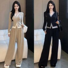 大きいサイズの婦人服の秋のファッションの洋気は年齢を減らして肉を遮ってやせているスーツの女性の広い足のズボンの2セットの太ったmm 200斤を現します。