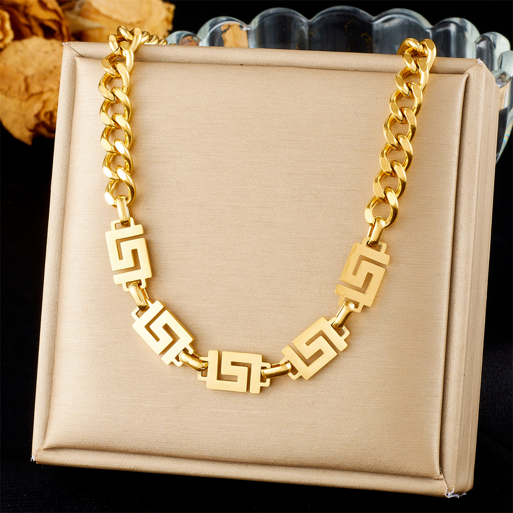 Spot transfronterizo Europa y América acero inoxidable titanio acero cubano cadena de retorno de la Gran Muralla collar de mujer pulsera anillo pendientes joyas image 6