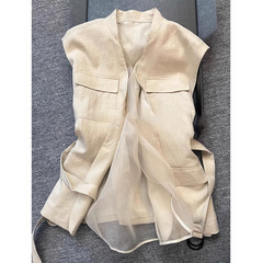 欧品ファッション洋気軽豪華高級感上着独特のシックで美しいカーキ色の亜麻馬甲シャツ女春