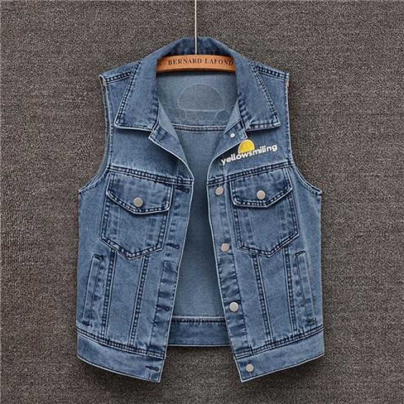 Women's Clothing Women's Style Spring Autumn Denim Vest Fashionable Large Pocket Print Vest Versatile Loose Fit Outerwear_voghion.com