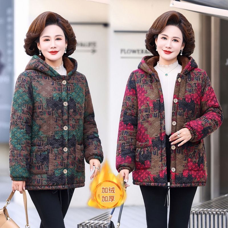 妈妈冬装棉衣50-60岁中老年大码加绒加厚外套女老太太连帽花棉袄