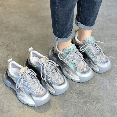 Genuine leather versatile dad shoes ins trendy women's 2024 summer new retro thick-soled color-blocked mesh round-toe casual shoes