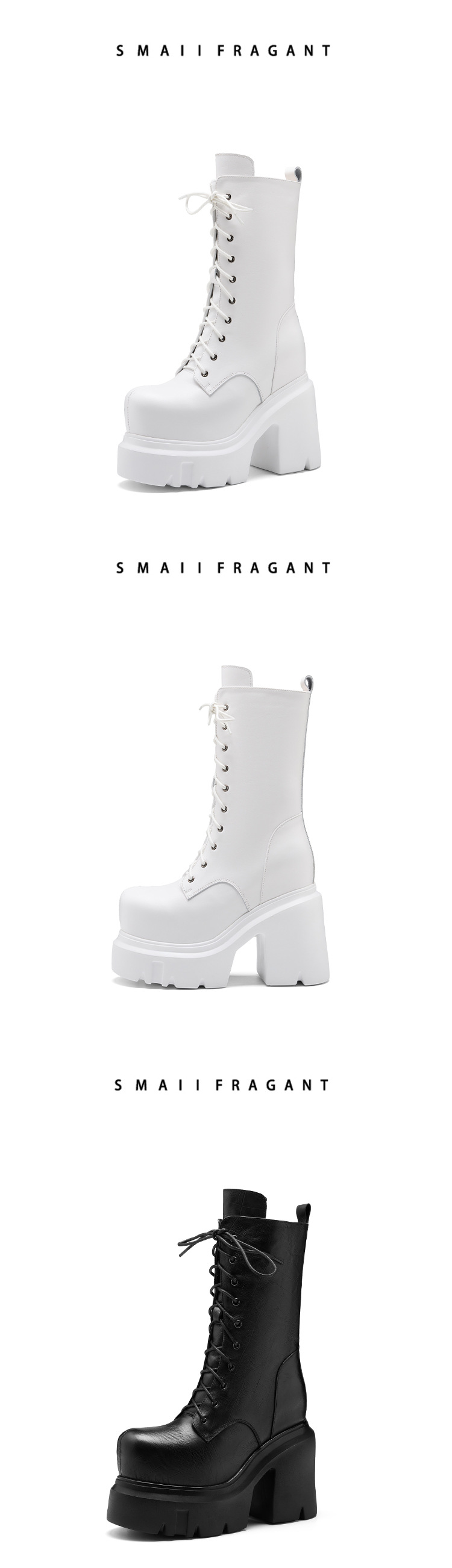 Boot nữ da mềm mũi tròn gót thô đế dày dây buộc cao 14 cm — Đen nhung chi tiết 8