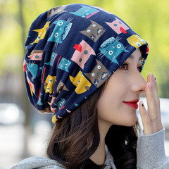 Cotton kitten pattern hat, spring and autumn thin pullover hat, cartoon Baotou hat, neck scarf, dual-purpose confinement hat