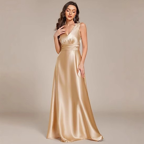 Women's V-Neck Floor-Length High-Waisted Long Dress French Satin Elegant High-End Slimming Sister Group Dress