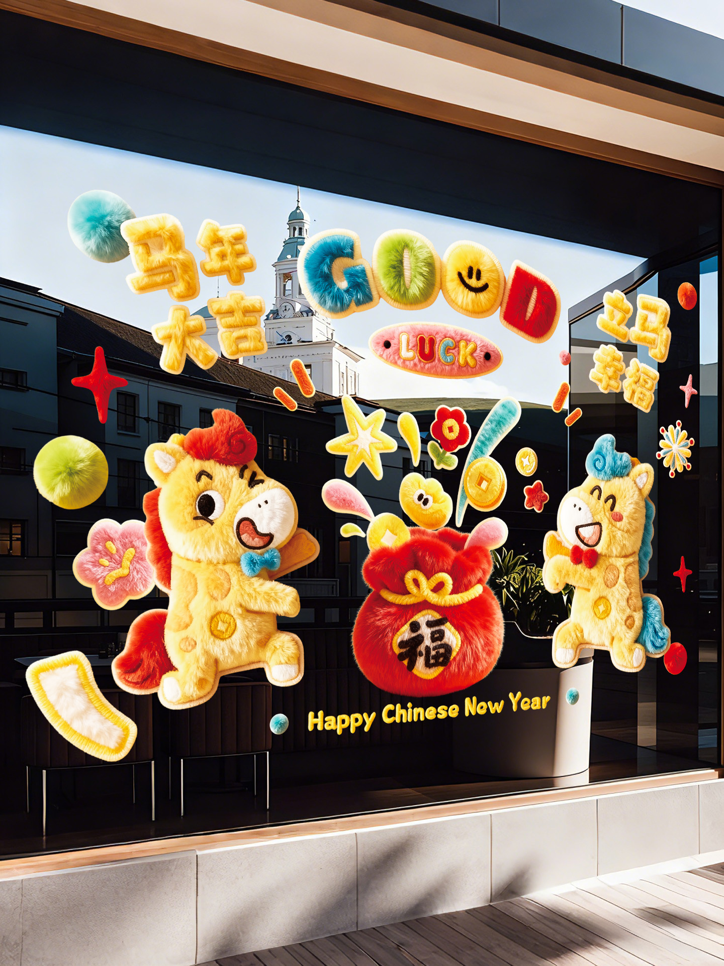 2026马年新年玻璃橱窗贴商场店铺卡通生肖静电贴纸春节过年装饰品