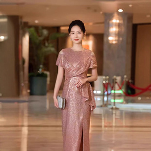 Mother's Wedding Banquet Outfit Cheongsam for Mother-In-Law, Acetate Dress, Red Short-Sleeve Slim-Fit Cheongsam, Toast Dress, Summer 2025