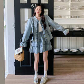 2025春夏甜美木耳边休闲牛仔衬衫女设计感半身裙两件套裙XZ137