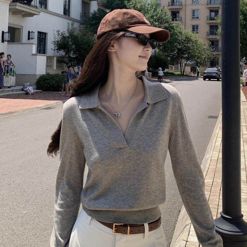 灰色POLO领针织衫女秋冬韩系穿搭修身内搭打底衫巨好看的长袖上衣|undefined