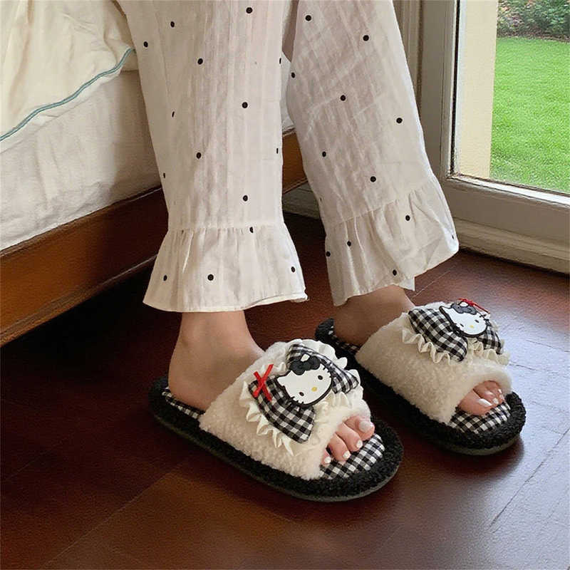 可爱正版HelloKitty地板毛毛拖鞋女居家舒适冬季少女心一字棉拖鞋|undefined