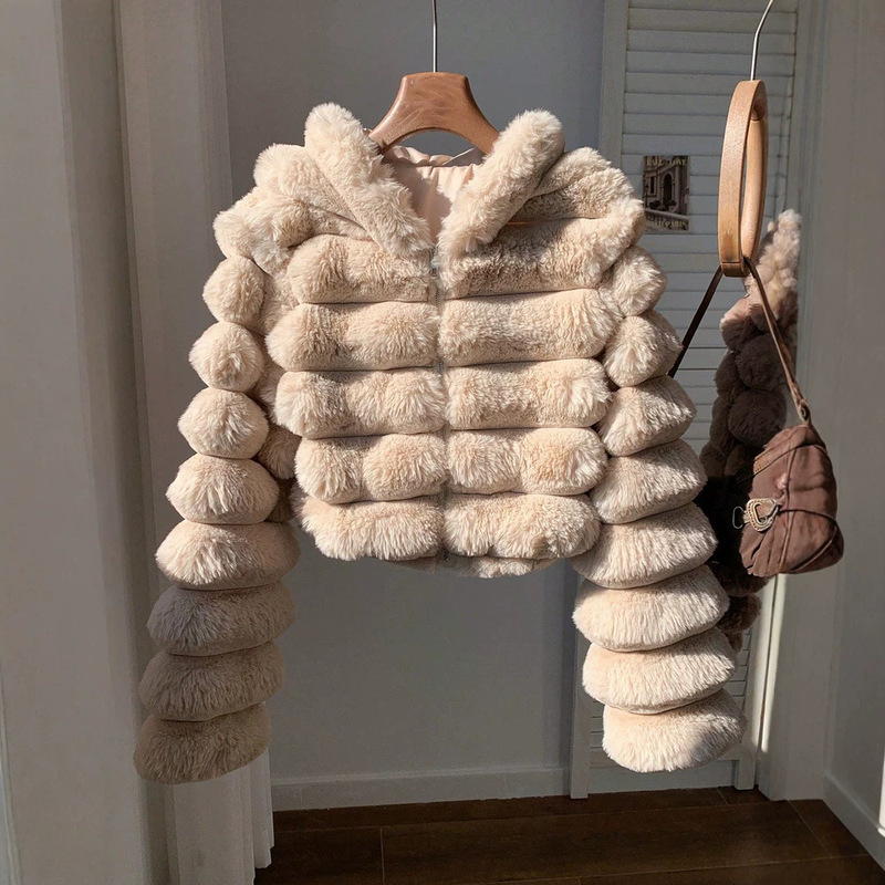 Cross-Border Exclusive Supply of Soft Faux Rabbit Fur Hooded Coat with 3D Stuffed Velvet and Horizontal Stripe Pom-Pom Decoration for Women in Winter