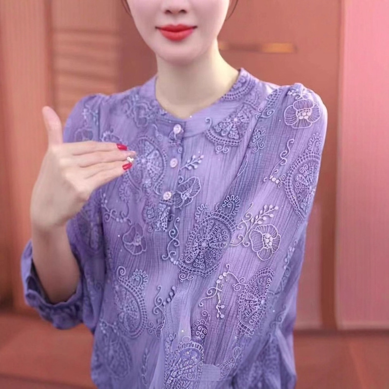 夏季薄款冰丝衬衫中老年装宽松大码显瘦宽松遮肚子洋气七分袖上衣|undefined