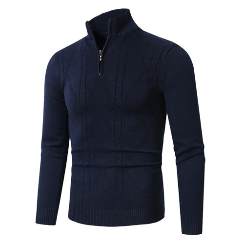 New men's stand-up collar sweater, stylish casual striped half-zip turtleneck knit sweater for men.