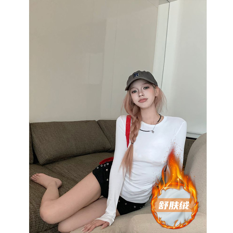 辣妹舒肤绒长袖T恤女2025秋冬新款加绒加厚韩系修身内搭打底上衣|undefined
