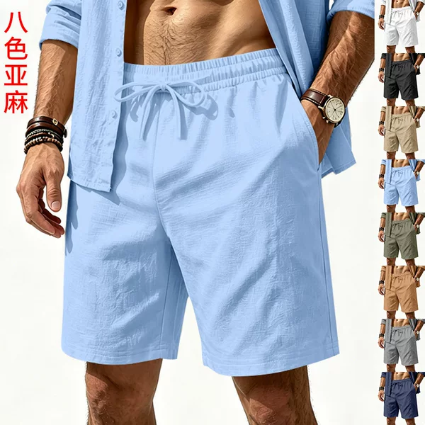 Cross-Border European and American Men's Linen Shorts Summer Casual Beach Loose Five-Point Shorts Simple Solid Color Drawstring Casual Pants