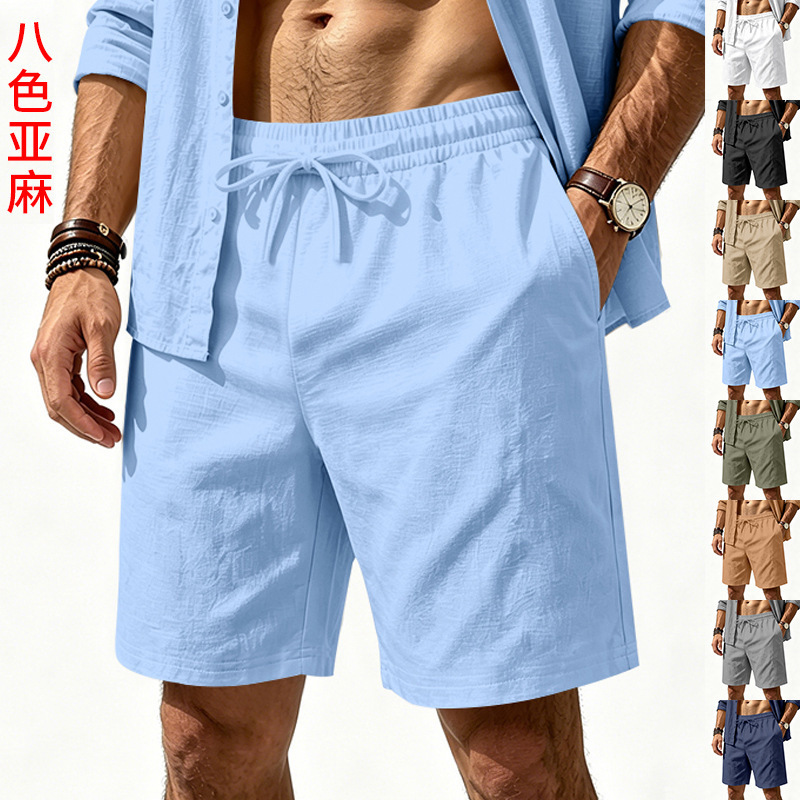 Cross-Border European and American Men's Linen Shorts Summer Casual Beach Loose Five-Point Shorts Simple Solid Color Drawstring Casual Pants
