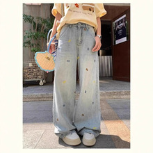 韩系减龄彩色小熊刺绣浅蓝牛仔裤夏季新款浅蓝色直筒阔腿裤女ins