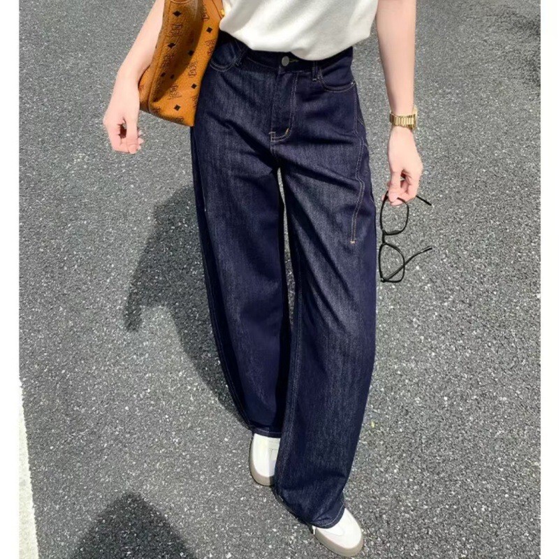 丹宁蓝弯刀牛仔裤女2025年新款高腰宽松长裤春秋季设计感阔腿裤子|undefined