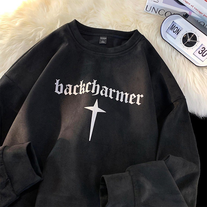 Suede estilo americano de manga larga pesada camiseta de los hombres de la marca de moda de otoño suelta camiseta superior primavera y otoño suéter