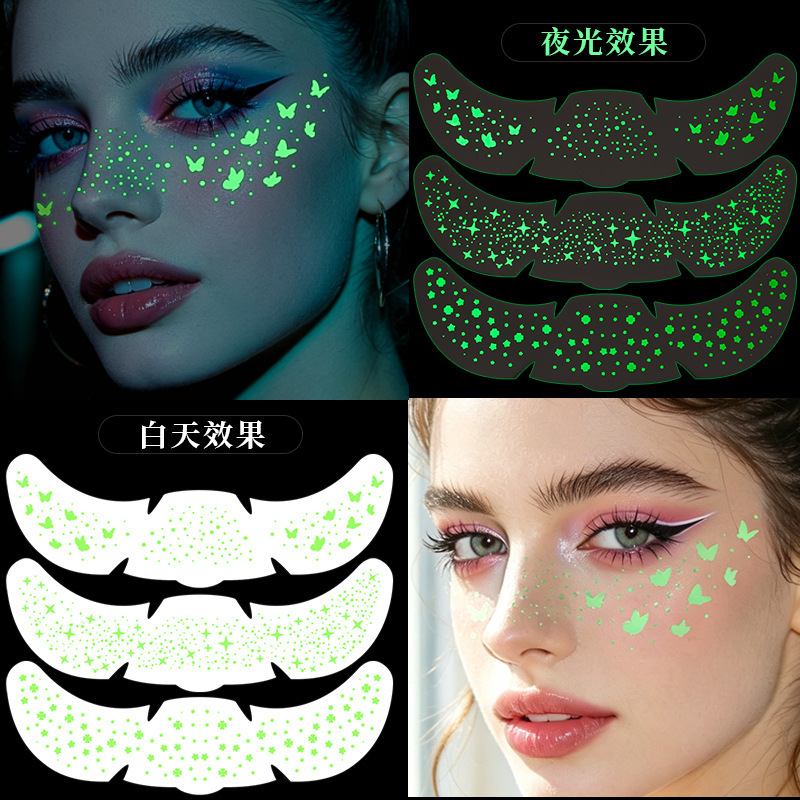 Cross-border luminous tattoo stickers, waterproof and long-lasting, fluorescent green makeup stickers, popular in Europe and America, sparkling star face stickers for EDM festivals and parties Cross-border luminous tattoo stickers, waterproof and long-lasting, fluorescent green makeup stickers, popular in Europe and America, sparkling star face stickers for EDM festivals and parties