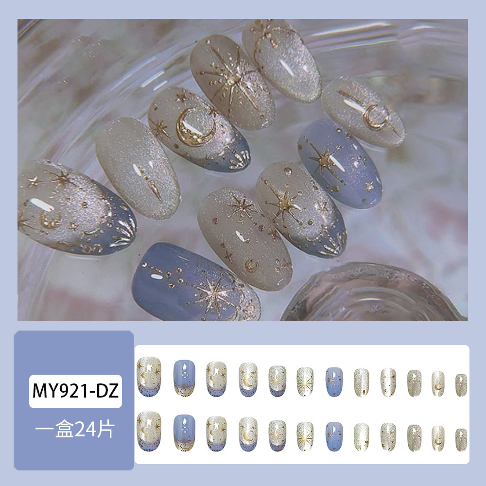 Uñas Postizas de Moda con Diseño de Estrellas y Luna, Efecto Ojo de Gato Azul y Plateado, 24 Piezas de Uñas Postizas Cortas de Alta Gama