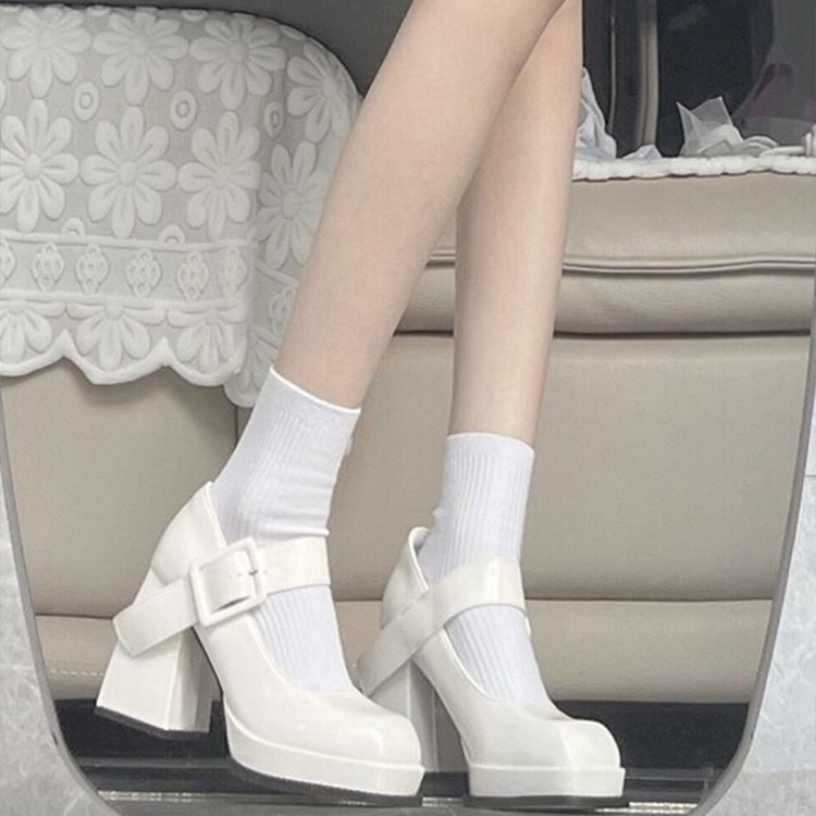 法式玛丽珍高跟鞋2024年小众设计粗跟白色方头公主鞋女小皮鞋显瘦