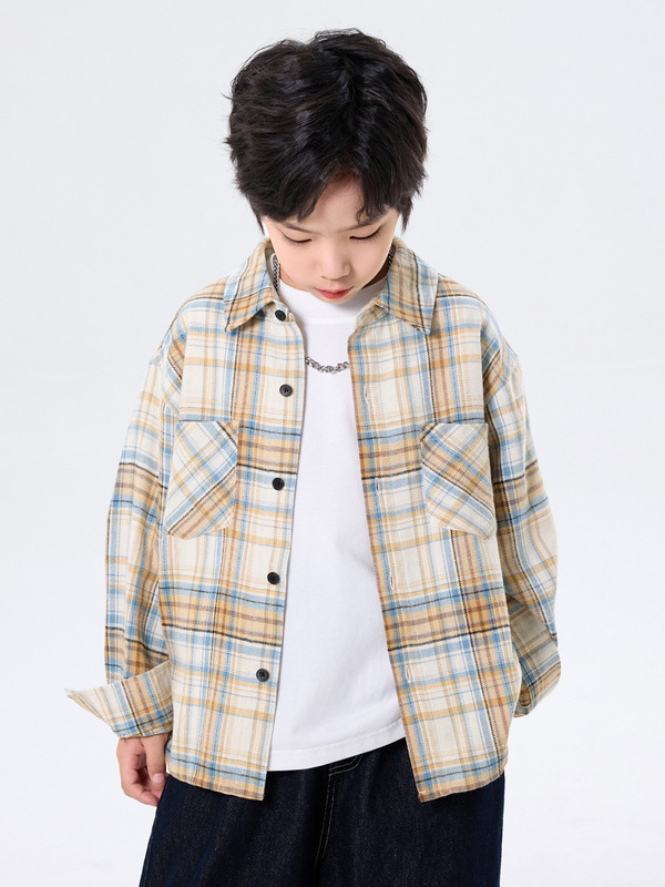 中大男童纯棉格子衬衫春秋2025新款儿童秋装磨毛格子衬衣休闲潮衣|undefined