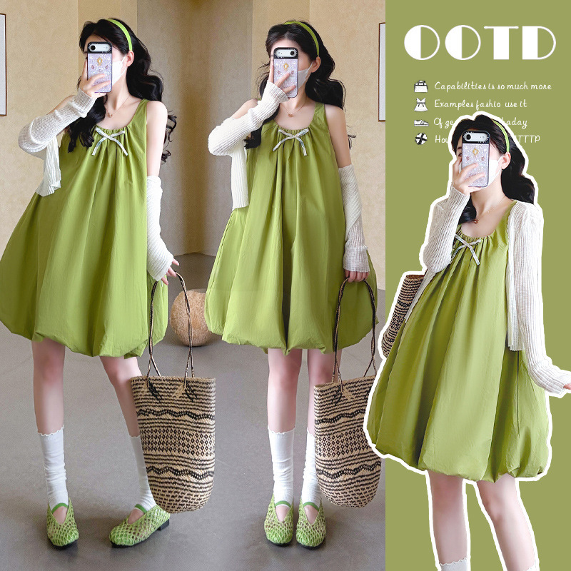 Pregnant Women's 2026 Summer American Retro Bow-Knot Green Flower Bud Skirt Sun Protection Cardigan Two-Piece Set for Petite Women Pregnant Women's 2026 Summer American Retro Bow-Knot Green Flower Bud Skirt Sun Protection Cardigan Two-Piece Set for Petite Women