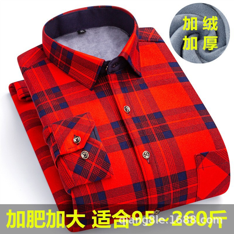 One-piece velvet black plus size men's thermal shirt thickened fleece-lined fat guy wear loose large fat plaid plus size