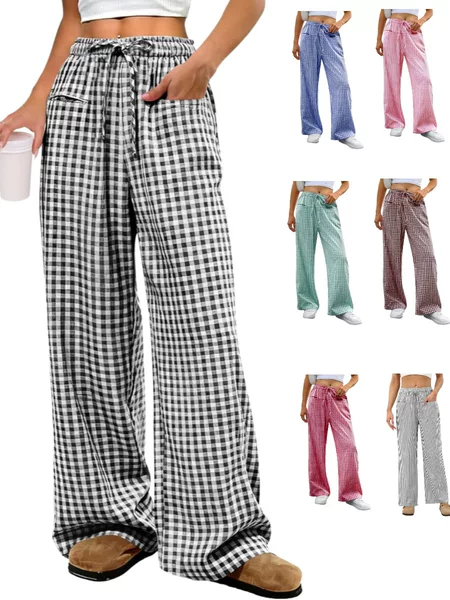 Amazon European and American Cross-Border 2026 Spring and Summer New Women's High-Waisted Wide-Leg Plaid Drawstring Home Casual Pants