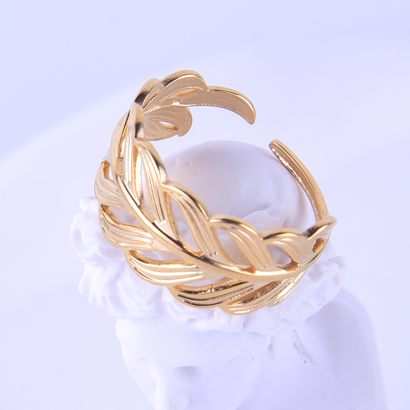 0.03µm Gold Plating Thickness PVD Coated Gold Plating Process Fashion Leaf Stainless Steel Hollow Out Open Ring