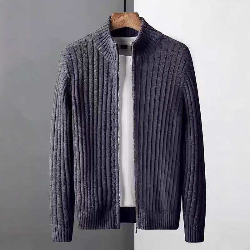 Cotton Cardigan Sweater for Men, Spring and Autumn 2025 New Style, Zip-Up Knit Jacket, Men's Fleece-Lined Thick Outerwear for Winter