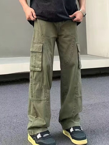 Men's American Workwear Straight Leg Loose Wide Leg Pants for Spring and Autumn, Japanese Retro Fashion Brand Belted Casual Long Pants