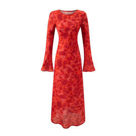 2025新款复古印花别致喇叭长袖派对裙法式圆领晚宴长款连衣裙