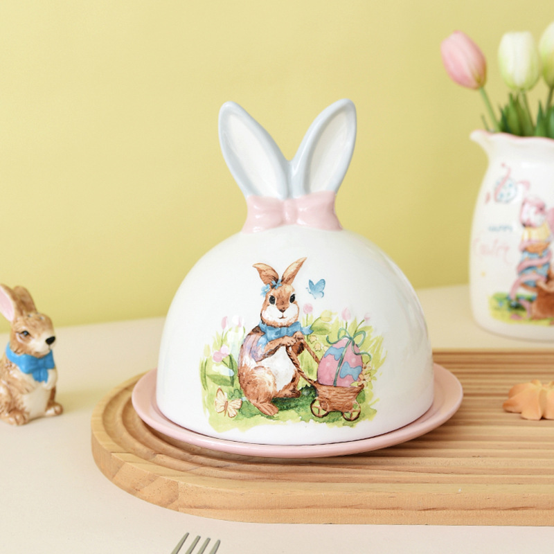 Cerámica de Pascua dibujos animados conejos cubiertos encantadores platos de mantequilla domésticos comercio exterior
