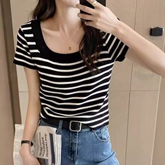 アイスシルクストライプデザイン半袖大きいサイズTシャツレディーススクエアカラーニットボトムシャツ夏ショートスリムトップ女性用