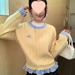 小众设计感撞色格子针织开衫女秋冬假两件蝴蝶结刺绣宽松毛衣外套