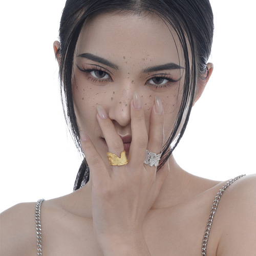 J1162 Japanese light luxury simple S925 sterling silver burnt wrinkle texture ring female ins open burnt paper texture index finger ring