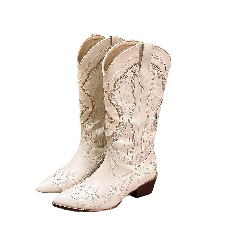 Women's Western Cowboy Boots Vintage Embroidery Pointed Toe Chunky Heel Mid-Calf Riding Boots Light Luxury Fashion Mid Tube Knight Boots_voghion.com