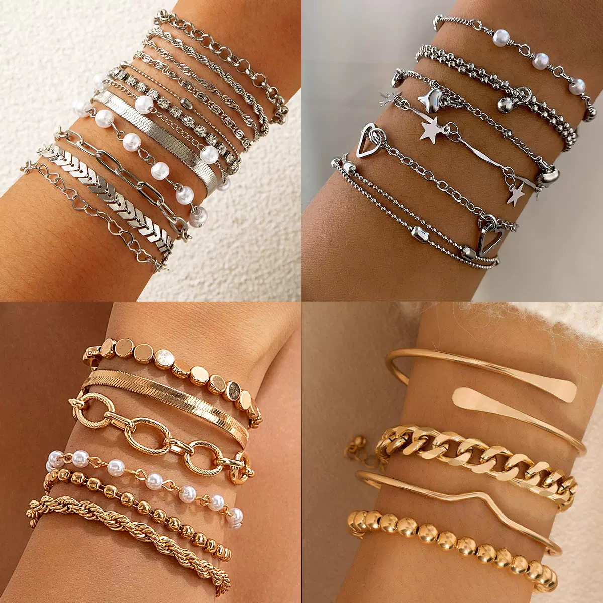 欧美跨境饰品 时尚简约多层金属手链 复古几何链条叠戴手链批发