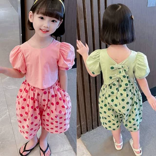 女童套装圆点蝴蝶结上衣加阔腿中裤26夏装新款外贸童装代发3-8岁