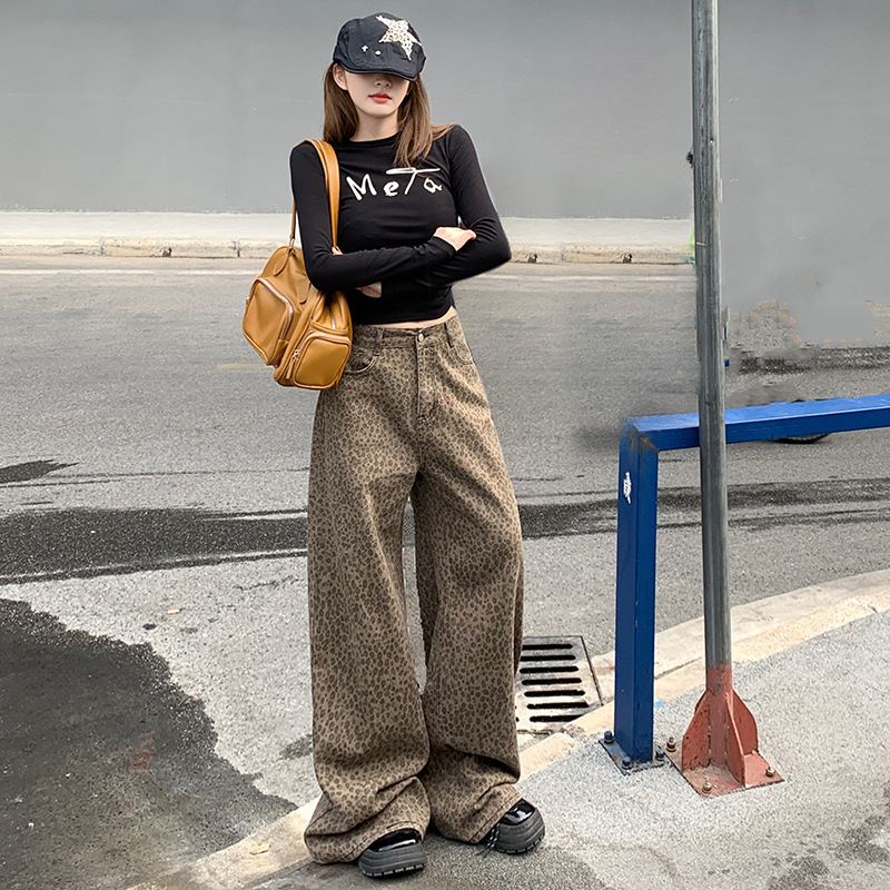 Love Embroidery Repair Ancient Low Saturated Leopard Print American Style High Street Wide Leg Loose Jeans Trousers & Elongated Spandex