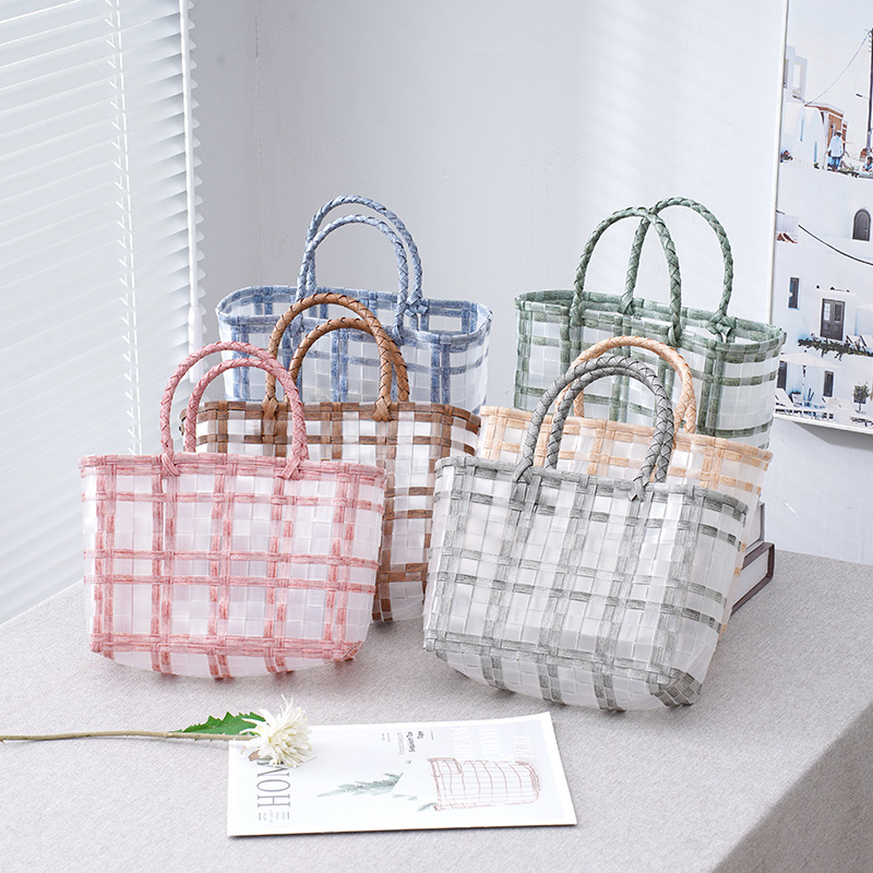 Ins Summer Cool Colorful Transparent Frosted Jelly Bag Handbag Women's Large Capacity Totes Woven Vegetable Basket display picture 5