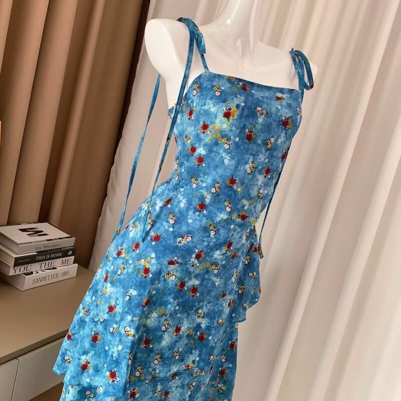 法式夏季设计蓝色碎花背心无袖吊带连衣裙度假新款收腰显瘦裙子女|undefined
