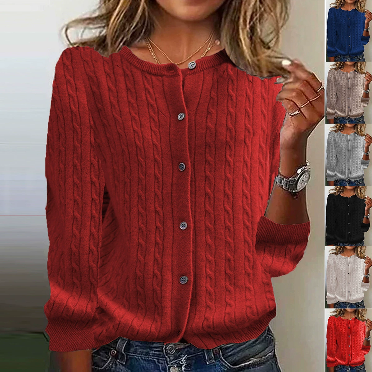 Женский трикотажный кардиган свитер куртка 2024 весна и осень новый Энди бархат с круглым вырезом свитер сплошной кардиган