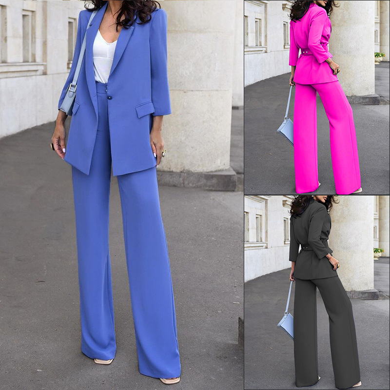 Women's Pant Sets Solid Colour Commuter Suit With High Waist Trousers_voghion.com